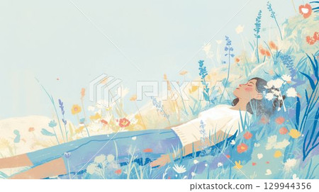 一名女子躺在花田中的插圖 129944356