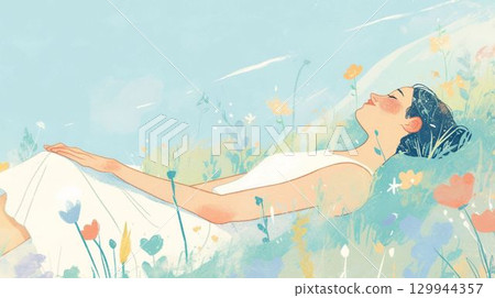 一位女士在鮮花的包圍下睡覺的插圖 129944357