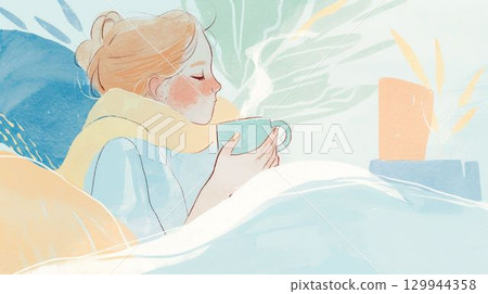 一位女士喝熱飲的插圖 129944358