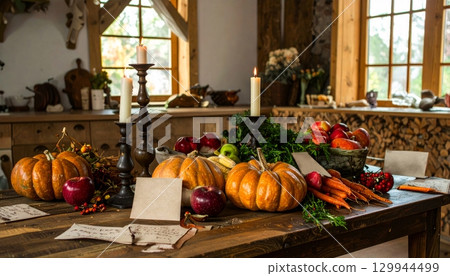 Peaceful Still Life Featuring Harvest Vegetables, Candles and Gratitude Notes 129944499