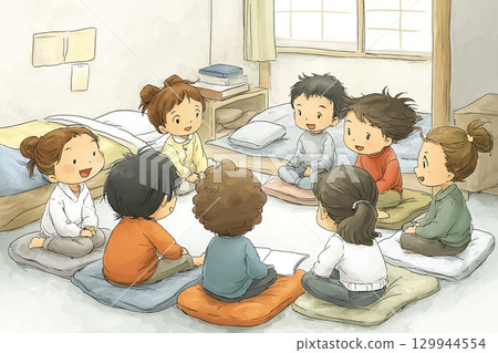 School trip and overnight stay where children sit on futons and chat at a ryokan 129944554