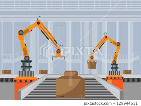 Conveyor line and Robotic equipment in factory. Robotic arms 129944611