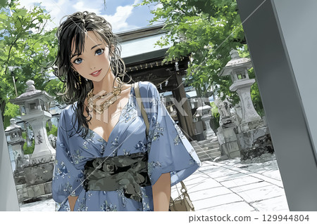 Fashion portrait of a young woman wearing a yukata 129944804