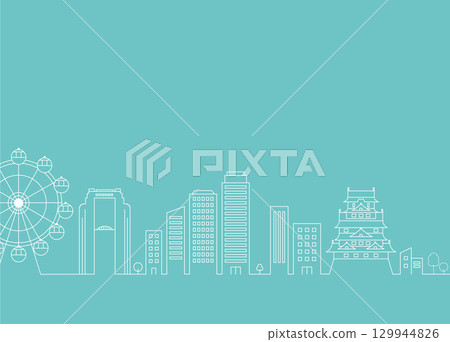 Osaka cityscape line drawing illustration with Osaka Castle and Ferris wheel 129944826