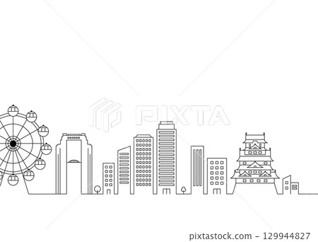 大阪城市景觀線條繪製插圖，包括大阪城和摩天輪 129944827