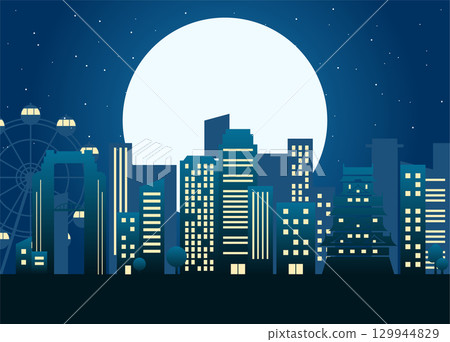 Osaka night view and cityscape illustration of the moon, stars and buildings Osaka night view and cityscape illustration of the moon, stars and buildings 129944829