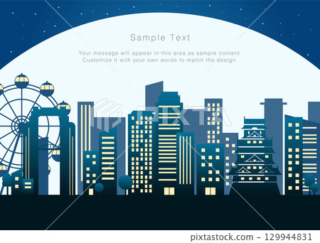 Osaka night view and cityscape illustration of the moon, stars and buildings Osaka night view and cityscape illustration of the moon, stars and buildings 129944831