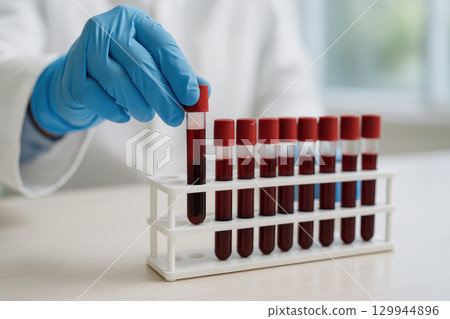Blood vial test tube laboratory blood sample medical test healthcare gloved hand blood analysis medical equipment clinical research scientist Blood vial test tube laboratory blood sample medical test healthcare gloved hand blood analysis medical equipment clinical research scientist 129944896