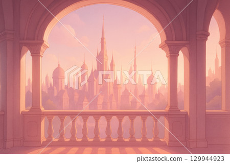Elegant pink fantasy city skyline viewed from ornate balcony with arched frame dreamy pastel architecture 129944923