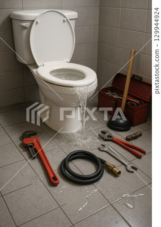 Overflowing toilet with water flooding bathroom floor surrounded by plumbing tools and toolbox, urgent repair needed 129944924