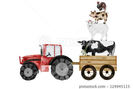 Cute farm animal and tractor with a cart. Hand drawn red tractor with a pyramid of animals on isolated white background. Country style clip art. Ideal for educational cards and posters 129945115
