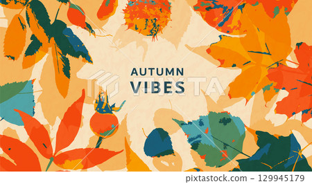 Autumn leaves background vector illustration. Creative fall design template with leaf foliage and retro textured effect for advertising, social media post, holiday invitation 129945179