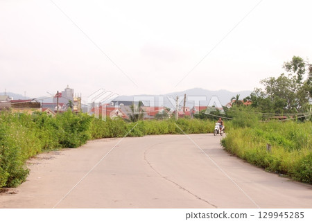 rural road in vietnam with people riding bicycles and motorbikes rural road in vietnam with people riding bicycles and motorbikes 129945285
