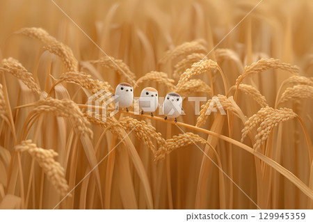 稻穗和可愛的麻雀（動漫風格） 129945359