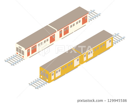 Isometric illustrations and vectors of cute public transportation such as trains, railways, traffic, and trams in dull colors Isometric illustrations and vectors of cute public transportation such as trains, railways, traffic, and trams in dull colors 129945586
