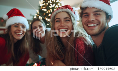 composite image of festive friends smiling at camera 129945608