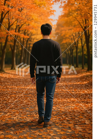 一名男子穿過秋葉森林的背影 129945731