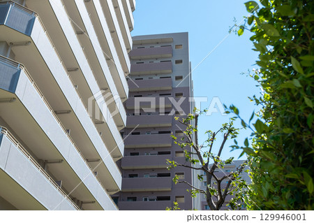 Urban landscape with green and apartment 129946001