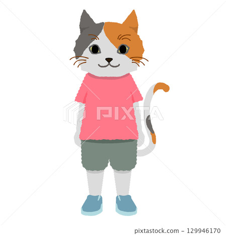 一隻穿紅色衣服的三色貓直立著 129946170