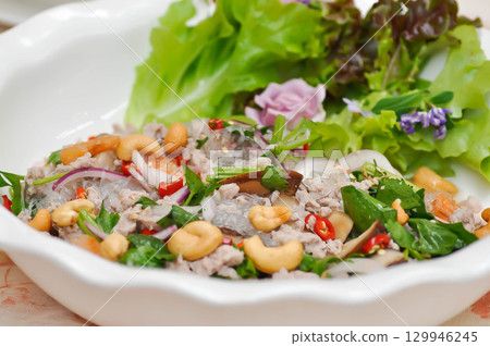 spicy salad or noodles salad, Thai spicy salad or vermicelli and minced pork salad spicy salad or noodles salad, Thai spicy salad or vermicelli and minced pork salad 129946245