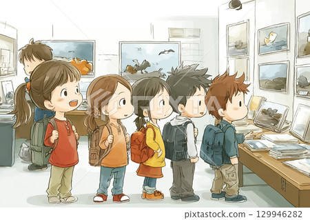 Children on a field trip looking at exhibits at a museum 129946282