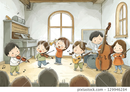 孩子們在音樂室表演 129946284