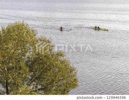 People practicing rowing on the lake. Sports 129946396
