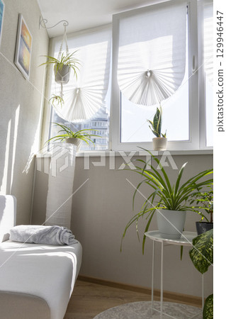 Cozy balcony designed in light tones with house pot plants 129946447