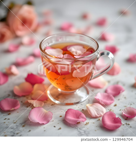 hot tea with rose flowers hot tea with rose flowers 129946704