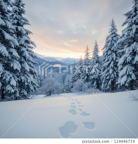 winter landscape trees in frost 129946719