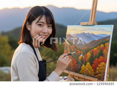 藝術之秋：一位日本女性在日落時分的山間創作油畫 129946895