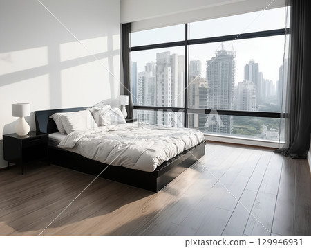 white comfortable pillow on bed 129946931