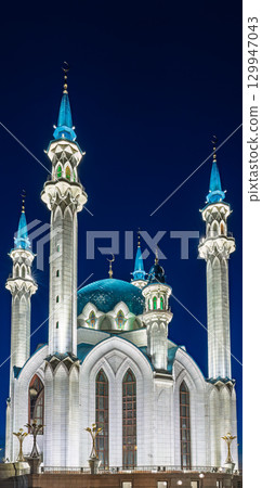 Kul Sharif mosque in Kazan Kremlin, Tatarstan, Russia. It is tourist attraction of Kazan. Kremlin. The main attraction of the city of Kazan. Kul Sharif mosque in Kazan Kremlin, Tatarstan, Russia. It is tourist attraction of Kazan. Kremlin. The main attraction of the city of Kazan. 129947043
