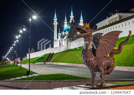 Dragon Zilant - the symbol of the city of Kazan and the Kul Sharif mosque of the Kazan Kremlin. Russia. Summer night view Dragon Zilant - the symbol of the city of Kazan and the Kul Sharif mosque of the Kazan Kremlin. Russia. Summer night view 129947047