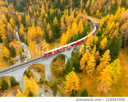 Railway and express. Aerial view. Viaduct among the forest. Train on the bridge. Autumn landscape Railway and express. Aerial view. Viaduct among the forest. Train on the bridge. Autumn landscape 129947098