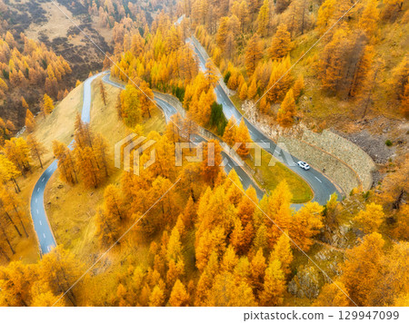 Drone view of a road with curves. Asphalt road in the middle of the forest. Autumn landscape 129947099