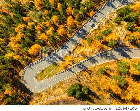 Drone view of a road with curves. Asphalt road in the middle of the forest. Autumn landscape 129947100