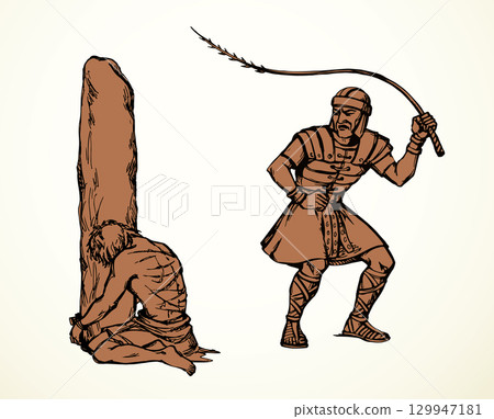 Vector drawing. Beaten man tied to a pole 129947181