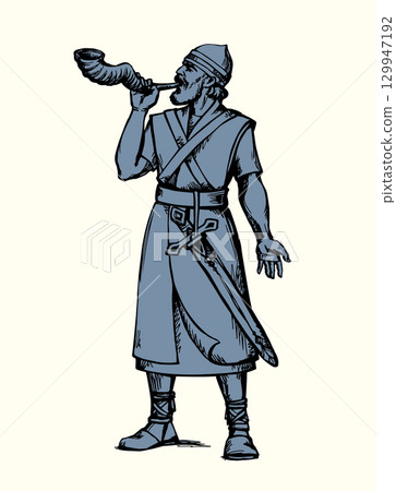 Vector drawing. Warrior with torch 129947192