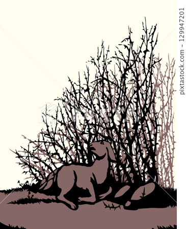 Vector drawing. The sheep got lost in the thorn bushes 129947201