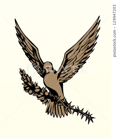 Vector drawing. Dove turn thorn branch into olife fruits Vector drawing. Dove turn thorn branch into olife fruits 129947203