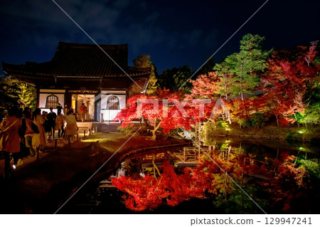 People visit Kodai-ji temple by pond and autumn leaf light up, Kyoto 129947241