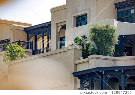 Arabian architecture in Burj park, Dubai. 129947295