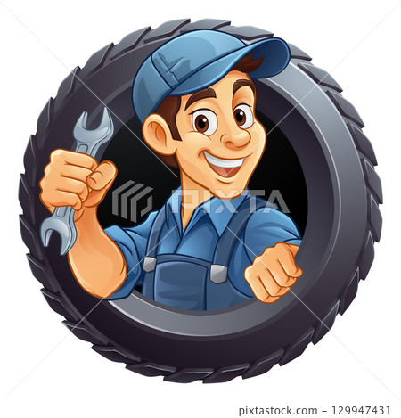 Tyre Tire Car Service Mechanic Mascot Cartoon Man 129947431