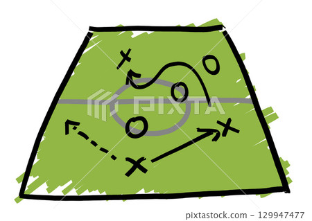 Soccer play chalkboard diagram with dusty chalk elements. Ready-to-use clipart for scheme sports manuals 129947477