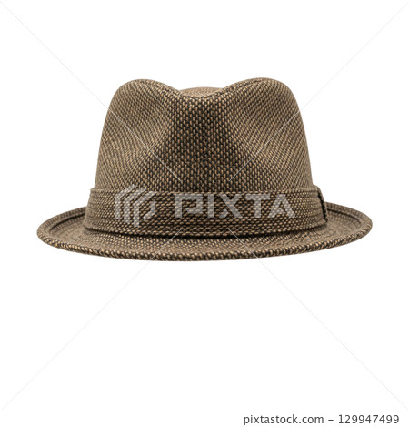 Classic brown tweed fedora hat with a narrow brim isolated on a white background front view 129947499