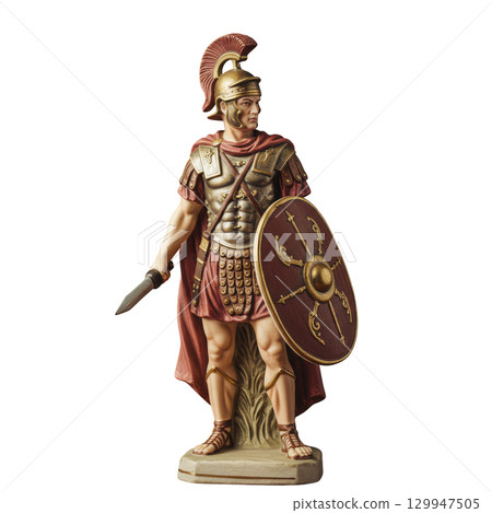 Majestic figurine of a roman centurion soldier with a crested helmet, shield, and sword Majestic figurine of a roman centurion soldier with a crested helmet, shield, and sword 129947505