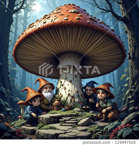 A family of elves takes shelter under a large mushroom during the night of the full moon. A family of elves takes shelter under a large mushroom during the night of the full moon. 129947826