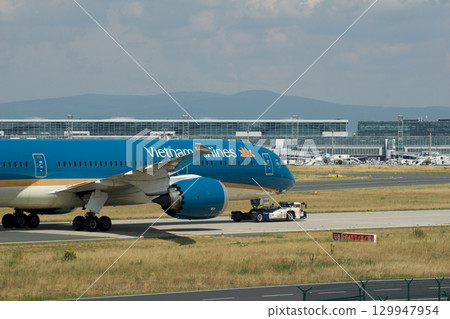 Frankfurt, Germany, July 9, 2017: Close-Up of Vietnam Airlines Boeing 787 on Taxiway Tow 129947954