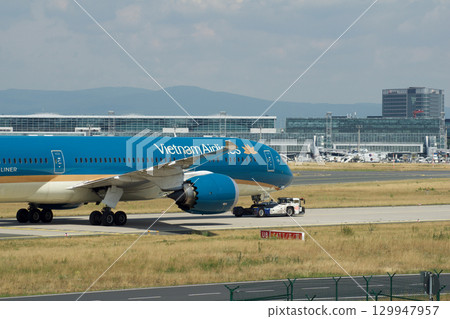 Frankfurt, Germany, July 9, 2017: Close-Up of Vietnam Airlines Boeing 787 on Taxiway Tow 129947957